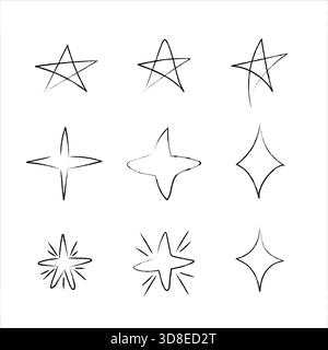 Handgezeichnete Sterne und funkelndes Set auf weißem Hintergrund. Vektorabbildung Stock Vektor