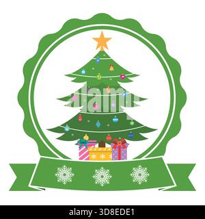 Illustration des Weihnachtsbaums mit Geschenken und Schneeflocken in einem Kreis mit einem Banner auf weißem Hintergrund. Stock Vektor