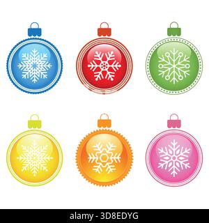 Illustration eines Satzes mehrfarbiger Silvester-Kugeln mit Schneeflocken auf weißem Hintergrund Stock Vektor