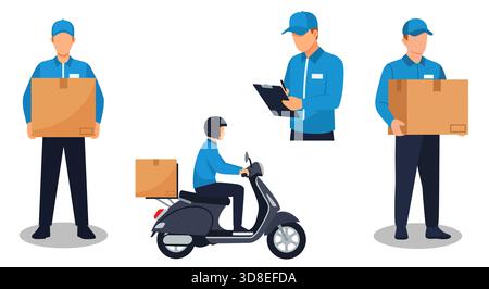 Ein modernes Vektorset mit flachem Design, das Schlüsselpersonal in Logistik und Lieferdiensten veranschaulicht. Stock Vektor