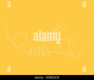 Kontur Kaninchen springt auf dem Rasen und Ei versteckt sich im Gras eine durchgehende Linie Dekor hell in Gelb. Isolierte Vektor-Illustration Osterfeiertag Thematische Karte Party Einladung Banner, Faltblatt, Medienpost Stock Vektor