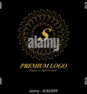Ein luxuriöses und raffiniertes Logo-Design mit einem stilvollen goldenen „S“ in der Mitte eines komplizierten runden Emblems. Ideal für Premiummarken, Luxus Stock Vektor