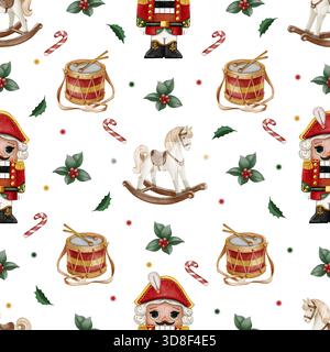 Ein nahtloses Muster mit Nussknacker, Schaukelpferd, Trommel, stechpalme und Zuckerstangen in einem sanften Aquarellstil Stockfoto
