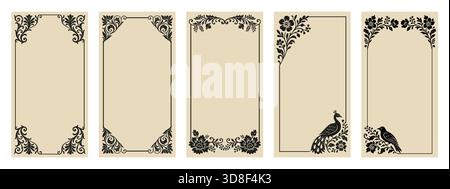 Set aus eleganten dekorativen Rahmen im Vintage-Stil mit Blumenmotiven und ornamentalen Borten. Enthält Variationen mit Vögeln und einem Pfau, ideal für Invi Stock Vektor