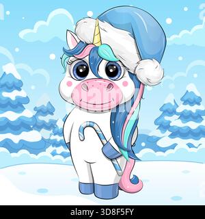 Niedliches Zeichentrickunicorn mit Hut im Winter. Vektor-Illustration des Tieres in der Natur auf einem blauen Hintergrund mit Schnee. Stock Vektor