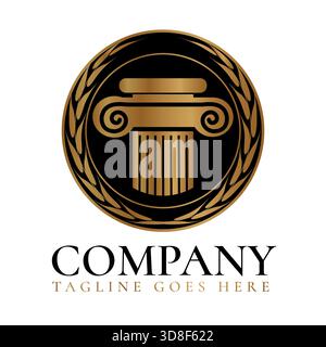 Logo einer Anwaltskanzlei oder eines Anwalts mit der Säule oder Säule der Justiz in Schwarz und Gold Stock Vektor