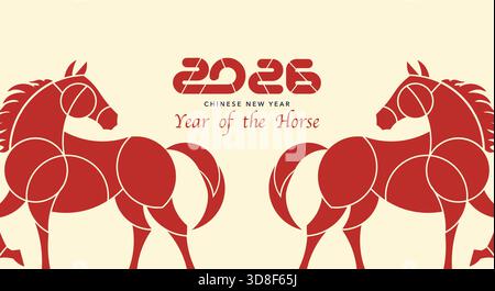 Chinesischer Hintergrund für das Neujahrsfest 2026. Das Jahr des Pferdes. Vektor Moderne Kunst rote geometrische Zahlen Design für Cover, Karte, Poster, Banner, Logo Stock Vektor