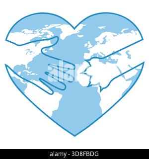 Illustration der Hundepfote und der menschlichen Hand, die einen Globus in Herzform auf weißem Hintergrund hält Stock Vektor
