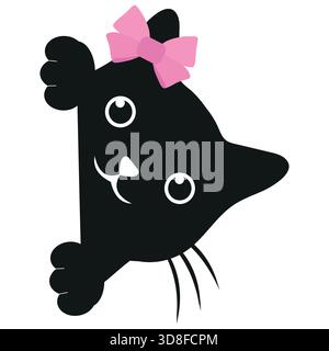 Illustration einer niedlichen schwarzen Katze mit rosa Schleife isoliert auf weißem Hintergrund. Stock Vektor