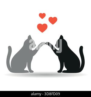 Illustration von Silhouetten grauer und schwarzer Katzen mit Herzen auf weißem Hintergrund mit Schatten Stock Vektor