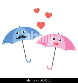 Illustration eines niedlichen Paares in Liebe, das Regenschirme mit Herzen auf weißem Hintergrund hält Stock Vektor
