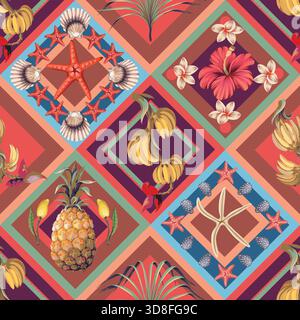 Tropische Sommerfrüchte und Muscheln Muster in farbenfrohen geometrischen Quadraten Vektor nahtlose Design Stock Vektor