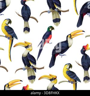 Tropische Vögel Vektor nahtlose Muster mit exotischen Tukanen Papageien bunte Tierillustration Design Stock Vektor