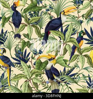 Tropische Dschungelvögel Vektor nahtloses Muster mit exotischen Papageien Tukanblättern und Zweigen Stock Vektor