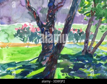 Lebendige Aquarelllandschaft mit sonnendurchfluteten Bäumen und bunten Schatten. Ausdrucksstarke Pinselarbeiten schaffen eine lebhafte Parkatmosphäre, perfekt für Poster und Wände Stockfoto