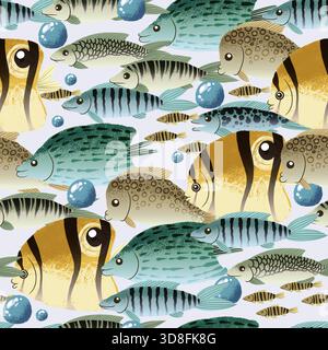 Buntes Meeresfischmuster mit tropischen Unterwassertieren in lebendigem nahtlosem Vektor-Design Stock Vektor