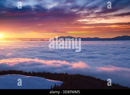 Fantastischer Blick auf das Tal mit dichtem Nebel. Standort Karpaten Berg, Ukraine, Europa. Magische winterliche Szene. Fabelhafte Wintertapete Stockfoto