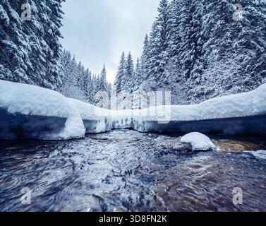 Gefrorene Steine am Wunderfluss. Standort Karpaten Berg, Ukraine, Europa. Alpines Skigebiet. Exotische winterliche Szene. Tolle Wintertapete. Hap Stockfoto