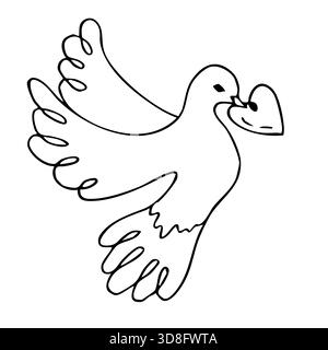 Erstes Kommunionsymbol mit Tauben- und Herzdesign für religiöse Feiern. Valentinstag. Handgezeichnet. Schwarz-weiß-Vektorillustration. Christian Stock Vektor