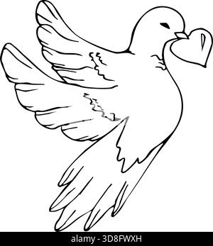Erstes Kommunionsymbol mit Taube des Friedens und Herzens für religiöse Feiern. Handgezeichnet. Schwarz-weiß-Vektorillustration. Valentinstag Stock Vektor