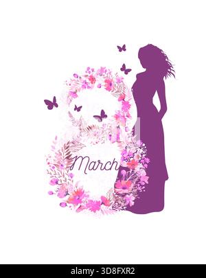 Damen Tag 8 märz Element. Silhouette eines schönen Mädchens. Frau internationale Feier Vektor Vorlage Hand gezeichnet. Nicht AI, Vektorillustration Stock Vektor