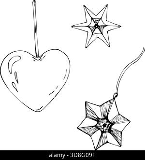 Weihnachtsdekoration. Hand gezeichnete Vektor-Illustration mit Stern und Kugel in Herzform. Schwarze Umrisse, weißer Hintergrund. Designelemente Stock Vektor