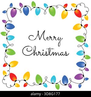 Weihnachtslichterrahmen auf weißem Hintergrund mit Text für frohe Weihnachten. Rahmen mit farbenfroher Glühlampe. Weihnachtsbeleuchtung dekorative Girlande. Weihnachtsbirnen. Stock Vektor