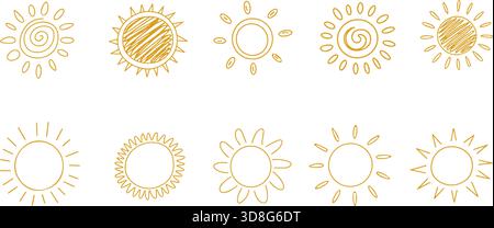 Klare Illustrationen mit minimalen Sonnenstrahlen, die mit dekorativen, handgezeichneten Umrissen erstellt wurden. Stock Vektor