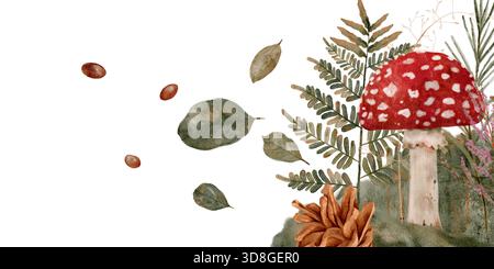 Roter Pilz mit weißen Flecken ist auf einem Blatt. Es gibt auch Blätter und Tannenzapfen im Hintergrund. Handgezeichnetes Aquarell-ClipArt Stockfoto