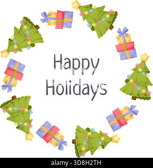 Festlicher Kranz mit Cartoon-weihnachtsbäumen und Geschenkboxen und Text Happy Holidays. Stock Vektor