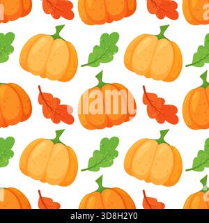 Niedliches, kuscheliges, nahtloses Herbstmuster mit Kürbissen und Herbstblättern. Perfekt für saisonale Designs, Schreibwaren oder Wohnkultur Stock Vektor