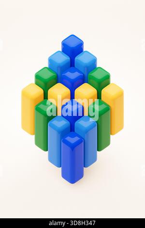 3D-Illustration eines mehrfarbigen Hintergrunds von vielen geometrischen Objekten mit verschiedenen Texturen und Farben auf weißem Hintergrund Stockfoto
