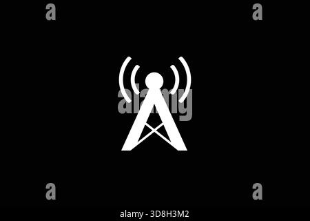 Letter A Signal Telecommunication Tower Logo Design auf schwarzem Hintergrund Stock Vektor