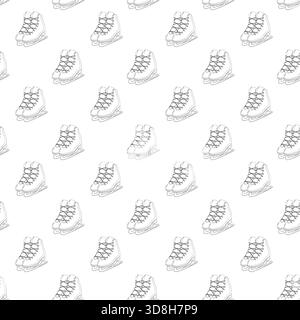 Nahtloses Wintermuster von schwarz-weißen Schlittschuhen, diagonal auf weißem Hintergrund angeordnet. Einfacher Linienstil. Sauberes und minimales Design Stock Vektor