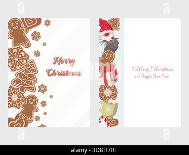 Zwei Weihnachtskarten, eine mit einem Rand aus Lebkuchenkeksen und Merry Christmas Text, die andere mit einem vertikalen Streifen festlicher Symbole Stock Vektor