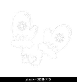 Zwei Winterfäustlinge, die durch eine Schnur verbunden sind und eine Herzform bilden. Jeder Fäustling ist mit Schneeflocken- und Punktdetails versehen. Flauschige Bündchen Stock Vektor