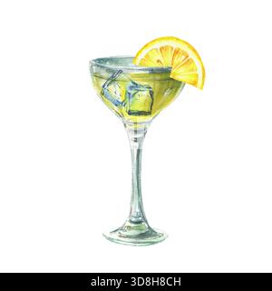 Limoncello Spritz Cocktail italienischer Likör. Limonadengetränk gelbes Getränkeglas mit Eiswürfeln und Zitronenscheibe. Aquarellfarben realistischer Sommer Stockfoto