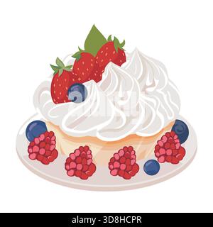 Ein süßes Dessert mit Erdbeeren, Himbeeren und Heidelbeeren, garniert mit Schlagsahne auf einem weißen Teller. Stock Vektor