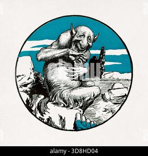 Illustration von Arpad Schmidhammer, die einen Troll zeigt, der auf einem Felsen neben einer Pfannflöte sitzt. Stockfoto