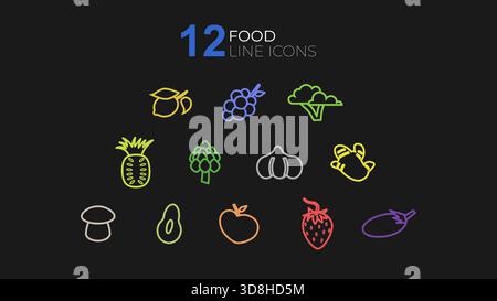 Set mit 12 bunten Ikonen auf dunklem Hintergrund. Minimalistische Symbole für Obst und Gemüse, Zitrone, Trauben, Brokkoli, Ananas, Knoblauch Stock Vektor