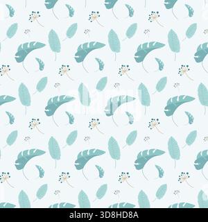 Nahtloses botanisches Muster mit tropischen Blättern und Blumenmotiven in sanften Petrol-, Blau- und Gelbtönen. Ideal für Stoffdrucke, Tapeten, Verpackungen Stock Vektor
