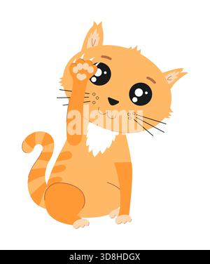 Niedliche orangene Karikaturfigur, die die Pfote winkt. Lächelnde Kätzchen Vektor-Illustration für Kinder, Bücher, Karten, Aufkleber, Poster, und Designs mit Tiermotiven Stock Vektor