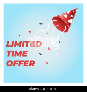 Rote Party Popper mit Konfetti und Text zeitlich begrenztes Angebot auf blauem Hintergrund. Vektor-Illustration für Verkaufsförderung, Rabattbanner, Marketing Stock Vektor