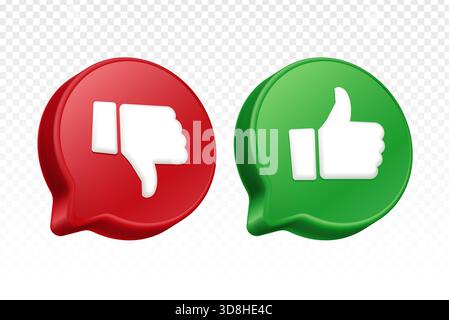 3D-Symbole von „gefällt mir“- und „nicht gefällt mir“-Symbolen in Form einer Sprechblase Stock Vektor