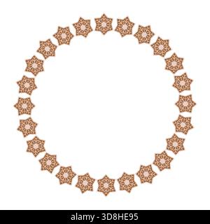 Kreisförmige Anordnung von 24 symmetrischen sternförmigen Elementen, die Schneeflocken oder Mandalen ähneln. Dekoratives geometrisches Design Stock Vektor