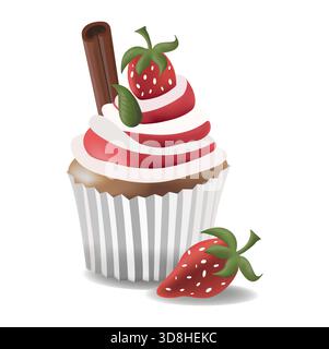 Stilisierter Cupcake mit Schlagsahne, Erdbeere und Zimtstab. Helle Dessert Illustration, perfekt für Food Design, Bäckerei Werbung und süße Themen Stock Vektor