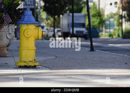 Gelber Hydrant am Straßenrand Stockfoto