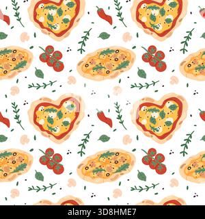 Nahtloses Pizza-Muster. Italienisches Fast Food, wiederholte Zutaten, Teig, Käse, Tomaten, basil, leckere margherita. Dekor aus Textil, Geschenkpapier Stock Vektor