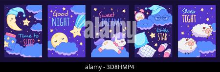 Gute-Nacht-Karten. Poster für süße Träume mit Schlafelementen, niedlichen Zeichentrickfiguren, Mond, Sternen, Einhorn und Wolken, Print-Design, Schlafensausdrücke Stock Vektor