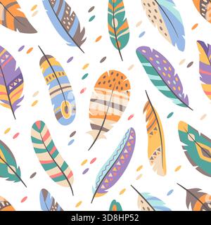 Nahtloses Boho-Federn-Muster. indianische Ornamente, wiederholte Vogelgefieder-Elemente, farbenfrohes Design. Dekor aus Textil, Umhüllung Stock Vektor